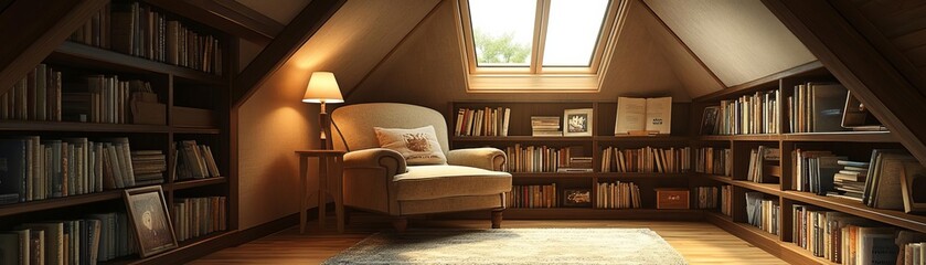 Small cozy reading space in an attic, vintage chair, and soft lighting