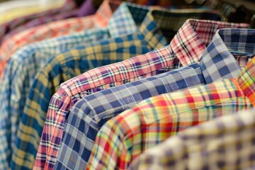 Row of colorful plaid shirts hanging on a rack. Fashion and retail clothing concept.