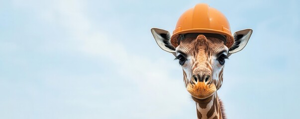 Giraffe with a construction helmet, leaning down to inspect a building site, tall and curious, whimsical construction scene