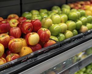 A beautifully organized fruit display in a storefront highlights bright apples and a variety of other fruits, ideal for promoting freshness and a healthy lifestyle.