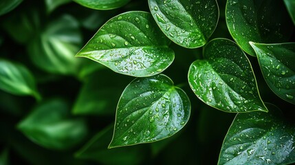 Sticker - Vibrant Pothos Leaf with Water Droplets - Close-up of Lush Green Foliage in Fresh Morning Light