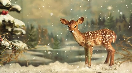 Wall Mural - Antique winter toy deer on snow background