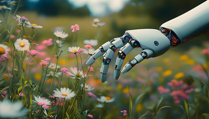 Poster - robot hand picking flowers in wild flower field. robotic and nature coming together. copy space. ai 