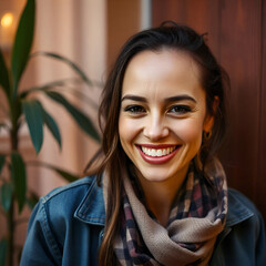 Wall Mural - a young smiling latina woman with long dark hair and a blue shirt against a blurred baclground, sit in street