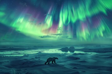 Wall Mural - Polar bear under aurora borealis