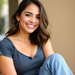 Poster - a young smiling latina woman with long dark hair and a gray shirt against a blurred baclground, sit in street, model