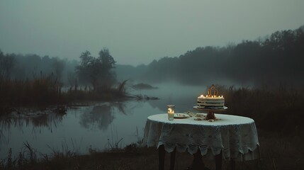 Wall Mural - At dusk cake with the crown is solitary on a drop leaf table