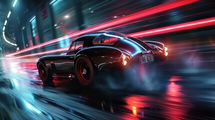 Wall Mural - Black Sports Car in City Tunnel, Neon Lights, Speed