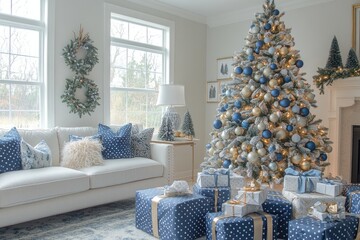Wall Mural - beautiful christmas tree decorated with blue and golden baubles standing near blue gift boxes