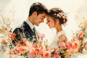 Bride and groom sharing a moment surrounded by flowers