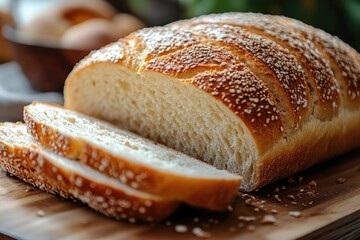 Freshly baked loaf of bread being sprinkled with oats on a wooden cutting board