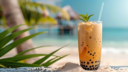 Wall Mural - Banana bubble tea in a glass on a tropical beach backdrop