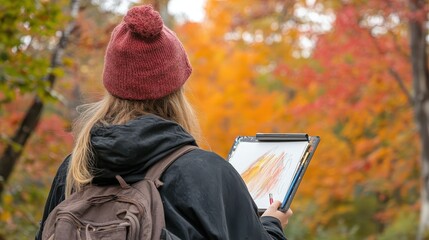 Wall Mural - Woman Sketching in Autumn Landscape