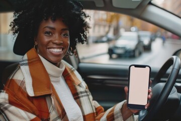 Poster - Happy woman phone car.