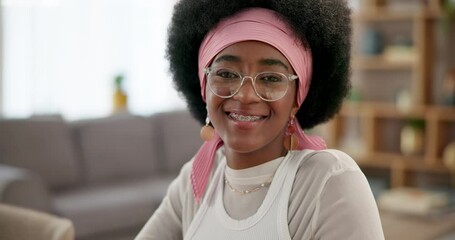 Poster - Face, home and black woman with smile, fashion and happiness with comfort, headband and break. African person, apartment and girl with glasses, clear vision and relaxing with confidence and portrait