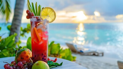 Wall Mural - Beautiful fruit arrangement with signature cocktail seen isolated on a table close to the beach