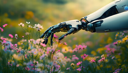 Poster - robot hand picking flowers in wild flower field. robotic and nature coming together. copy space. ai 