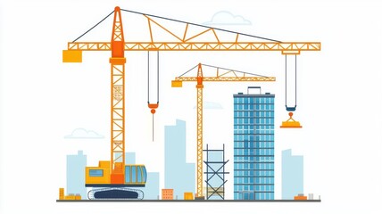 Cranes operating on a high-rise construction project, flat color vector, urban colors