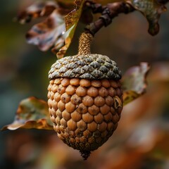 Close-Up of an Acorn on a Branch.