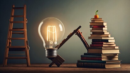 Giant cartoon lightbulb with books and a ladder representing educational growth in a flat design.