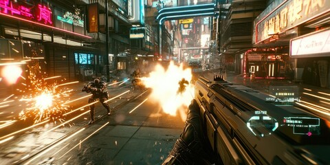 Cyberpunk City:  First-Person Perspective of a Gunfight