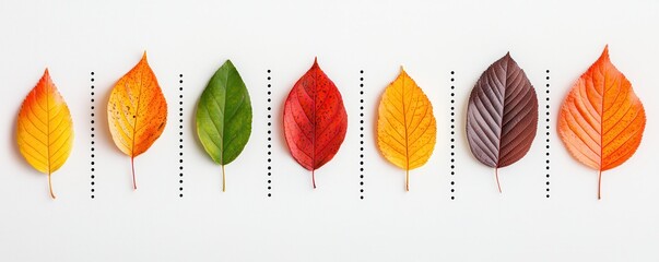 Wall Mural - Autumn leaves in a row on white background.