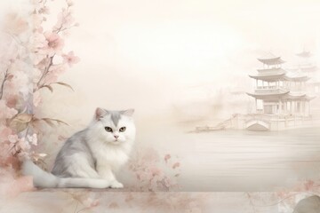 Wall Mural - Antique chinese cat in living room landscape animal mammal plant.