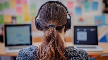 Focused Woman Working with Headphones in a Creative Office Environment