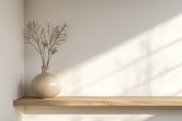 Canvas Print - Minimal ceramic vase on wooden shelf in clean room window plant white.