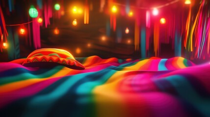 Vibrant close-up of a rainbow-striped fabric in motion blur, set against a black background with festive Mexican fiesta decorations. The scene features cinematic effects like volumetric lighting and b