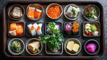 Wall Mural - Traditional Japanese kaiseki meal with multiple small dishes featuring seasonal ingredients, artfully arranged on a lacquered tray, elegant fine dining atmosphere, copy space for stock photo with