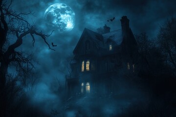 Spooky haunted house at night with eerie glowing windows, surrounded by fog and twisted trees, full moon illuminating the scene, bats flying in the sky, copy space for stock photo with minimal