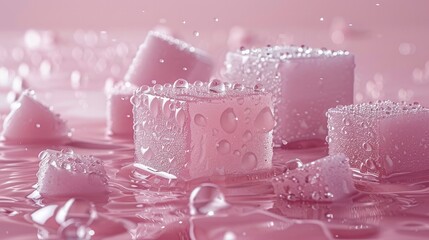 Poster - A group of pink blocks with water droplets glistening on their surfaces, placed on a pastel pink background. Generative AI.