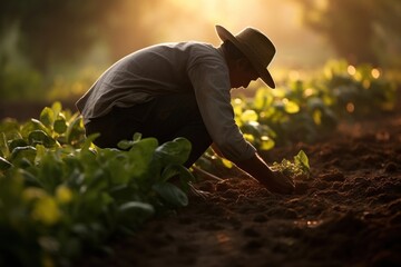 Poster - Farmer start to plant seed for vegetable gardening outdoors nature.