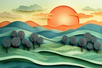 Wall Mural - whimsical landscape in paper cut style featuring rolling hills, trees, and a bright sun, layered tex