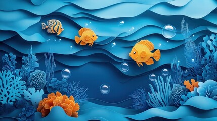 Wall Mural - paper cut style underwater scene with colorful fish, coral reefs, and bubbles, layered blue hues and