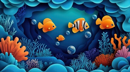 Wall Mural - paper cut style underwater scene with colorful fish, coral reefs, and bubbles, layered blue hues and