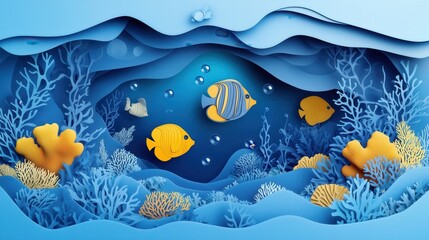 Wall Mural - paper cut style underwater scene with colorful fish, coral reefs, and bubbles, layered blue hues and