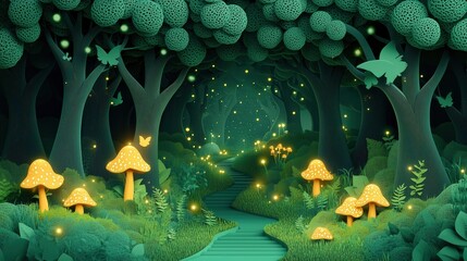 Wall Mural - paper cut style of a fantasy forest with towering trees, glowing mushrooms, and a winding path, rich