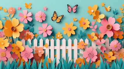 Wall Mural - detailed paper cut style garden with blooming flowers, butterflies, and a picket fence, vibrant colo