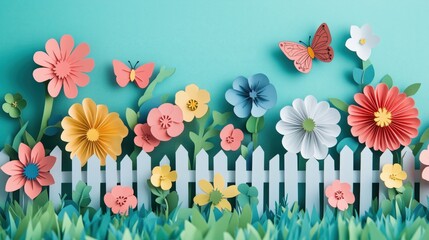 Wall Mural - detailed paper cut style garden with blooming flowers, butterflies, and a picket fence, vibrant colo