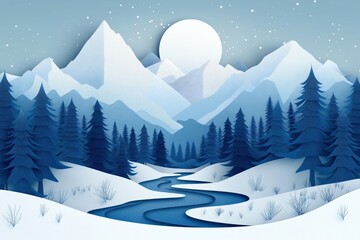 Wall Mural - paper cut style mountain landscape with snow-capped peaks, pine trees, and a winding river, cool blu