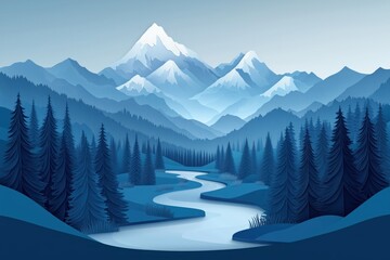Wall Mural - paper cut style mountain landscape with snow-capped peaks, pine trees, and a winding river, cool blu
