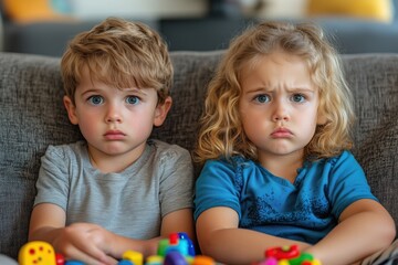 Wall Mural - Two kids sitting on a couch looking bored, slouched posture with blank expressions, toys scattered around but ignored, natural indoor lighting, copy space for stock photo with minimal concept, No