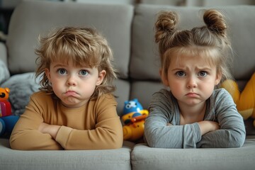 Wall Mural - Two kids sitting on a couch looking bored, slouched posture with blank expressions, toys scattered around but ignored, natural indoor lighting, copy space for stock photo with minimal concept, No