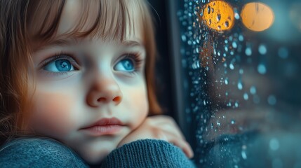 Wall Mural - A child staring out of a window on a rainy day, head resting on hand, looking bored and longing for something to do, soft natural light coming through the glass, copy space for stock photo with