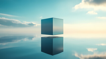 Cube gently floating above a reflective surface, creating a symmetrical illusion. Symmetrical. Illustration