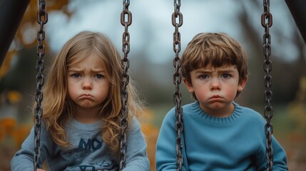 Wall Mural - Two siblings sitting on a swing set, both looking bored and uninterested, no movement, overcast sky adding to the somber mood, copy space for stock photo with minimal concept, No logo, No Trademark,