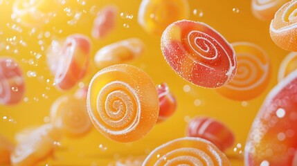 Poster - Flying candies yellow background isolated. Generative AI.