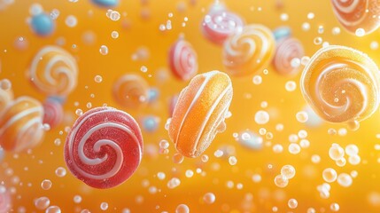 Poster - Flying candies yellow background isolated. Generative AI.